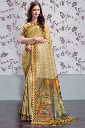 Optimum Golden Art Silk Printed Designer Saree With Art Silk Blouse