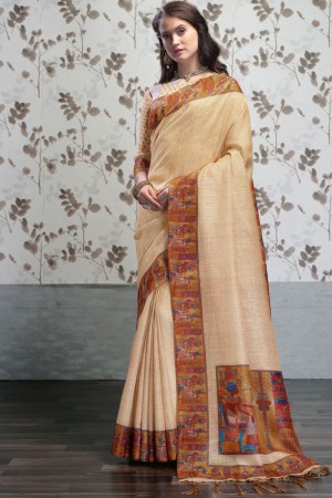 Gorgeous Cream Art Silk Printed Designer Saree With Art Silk Blouse