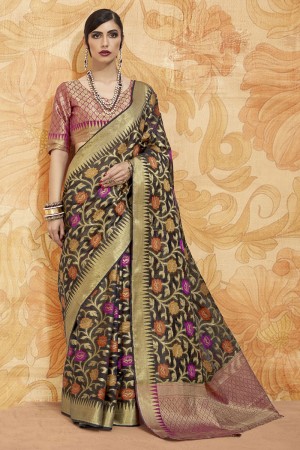 Pretty Black and Golden Silk Jaquard Work Saree With Silk Blouse
