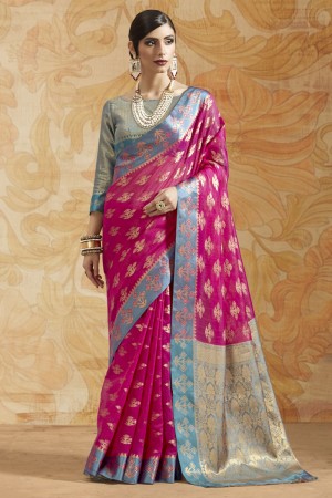 Desirable Pink Silk Jaquard Work Saree With Silk Blouse