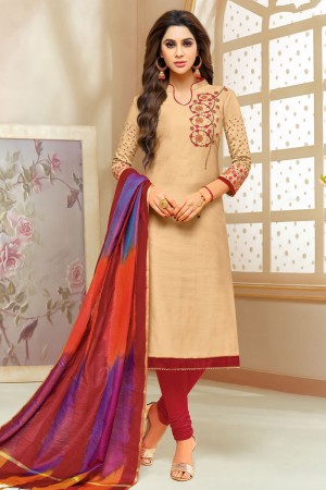 Beautiful Cream Cotton Silk Embroidered Casual Salwar Suit With Silk Dupatta