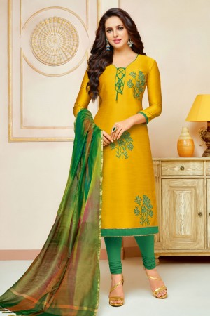 Charming Yellow Cotton Silk Embroidered Casual Salwar Suit With Silk Dupatta