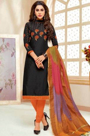 Desirable Black Cotton Silk Embroidered Casual Salwar Suit With Silk Dupatta