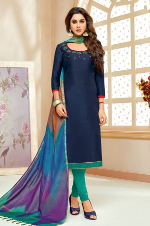 Ultimate Navy Blue Cotton Silk Embroidered Casual Salwar Suit With Silk Dupatta