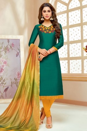 Graceful Green Cotton Silk Embroidered Casual Salwar Suit With Silk Dupatta