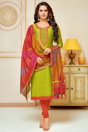 Optimum Green Cotton Silk Embroidered Casual Salwar Suit With Silk Dupatta