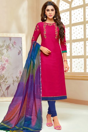 Stylish Pink Cotton Silk Embroidered Casual Salwar Suit With Silk Dupatta
