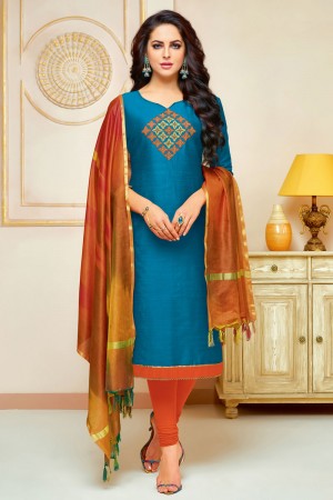 Gorgeous Blue Cotton Silk Embroidered Casual Salwar Suit With Silk Dupatta