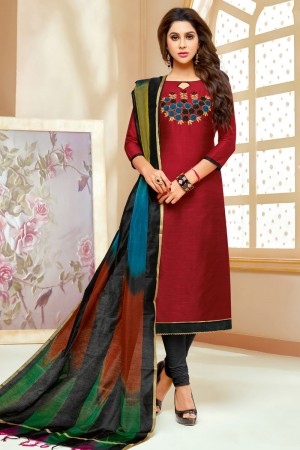 Lovely Maroon Cotton Silk Embroidered Casual Salwar Suit With Silk Dupatta