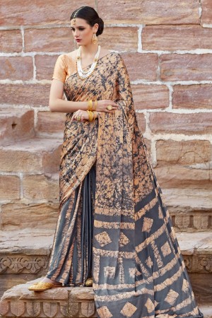 Lovely Grey Nylon and Satin Printed Party Wear Saree With Brocade Blouse
