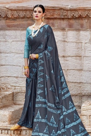 Beautiful Grey and Blue Nylon and Satin Printed Party Wear Saree With Brocade Blouse