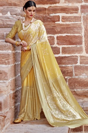 Gorgeous Yellow Nylon and Satin Printed Party Wear Saree With Brocade Blouse