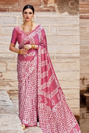 Charming Pink Nylon and Satin Printed Party Wear Saree With Brocade Blouse