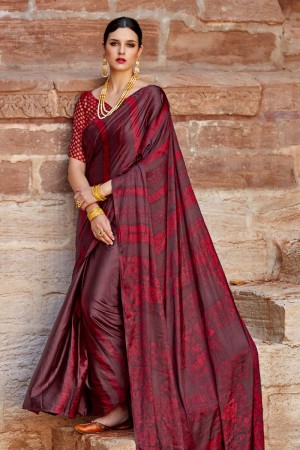 Stylish Maroon Nylon and Satin Printed Party Wear Saree With Brocade Blouse