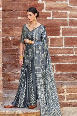 Supreme Grey Nylon and Satin Printed Party Wear Saree With Brocade Blouse
