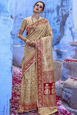 Lovely Golden Silk Designer Jaquard Work Saree
