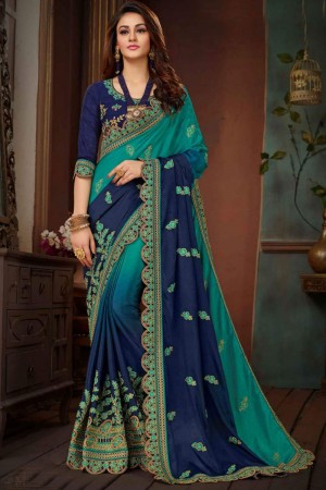 Pretty Green and Navy Blue Silk Designer Embroidered Saree