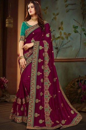 Desirable Purple Silk Designer Embroidered Saree