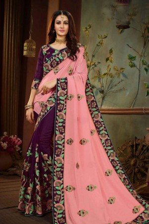 Supreme Pink and Purple Embroidered Designer Saree