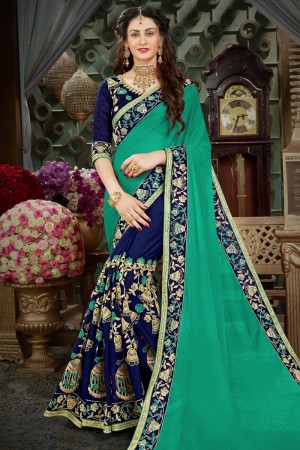 Admriable Teal and Blue Georgette Embroidered Designer Saree