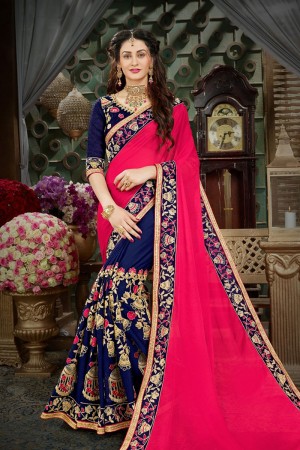 Classic Pink and Blue Georgette Designer Embroidered Saree