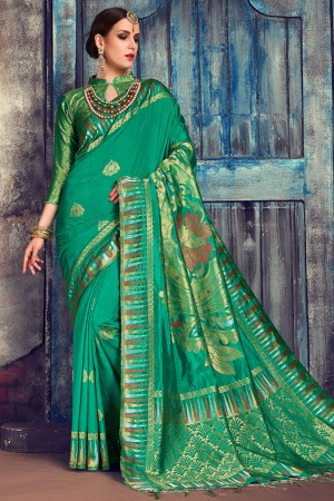 Pretty Turquoise Designer Silk Jaquard Work Saree