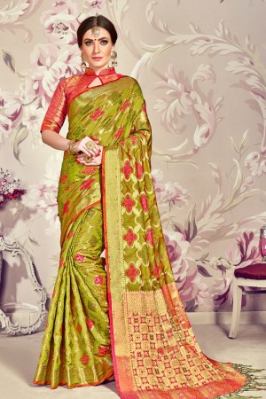 Charming Mehendi Green Banarasi Silk Jaquard Work Designer Saree