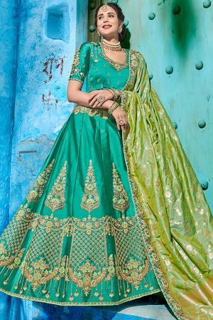 Gorgeous Green Satin Lehenga Choli with Silk Dupatta
