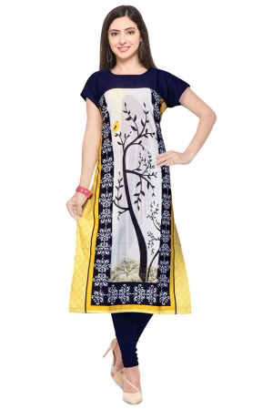 Supreme Yellow and Blue Crepe Party Wear Printed Kurti