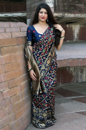 Classic Navy Blue Banarasi Silk Jaquard Work Designer Saree