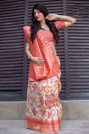 Desirable Orange and Off White Banarasi Silk Designer Jaquard Work Saree