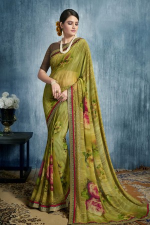 Excellent Mehendi Green Georgette Casual Printed Saree