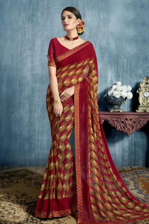 Lovely Maroon Georgette Printed Casual Saree