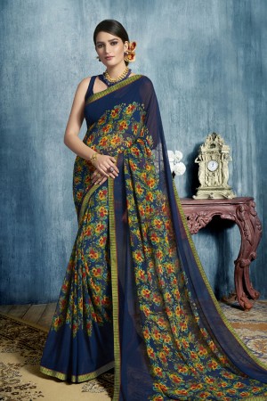 Stylish Navy Blue Georgette Casual Printed Saree