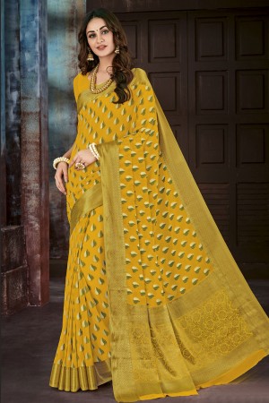 Beautiful Yellow Chiffon Jaquard Work Designer Saree