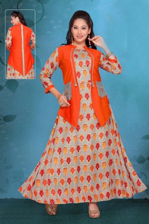 Classic Orange and Brown Chanderi Churidar Bottom Office Wear Printed Kurti