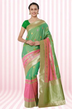 Lovely Green and Pink Silk Jaquard Work Designer Saree