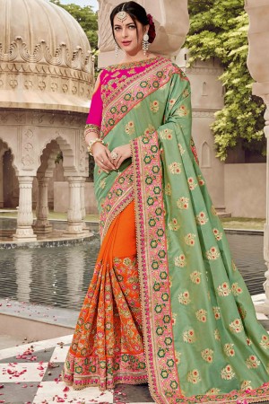 Gorgeous Green and Orange Silk and Jaquard Embroidered Designer Saree