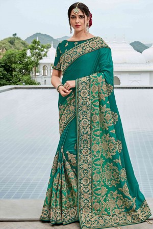 Excellent Green Silk Satin Embroidered Designer Saree
