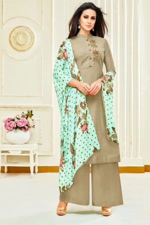 Desirable Mehendi Green Satin Designer Plazo Slawar Suit with Satin Dupatta