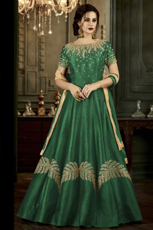 Classic Green Silk Embroidered Work Anarkali Slawar Suit