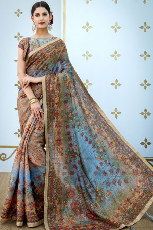 Stylish Multi Color Banarasi Silk Printed Designer Saree
