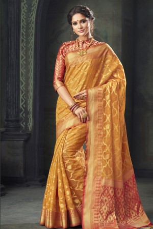 Gorgeous Golden Silk Jaquard Work Designer Saree