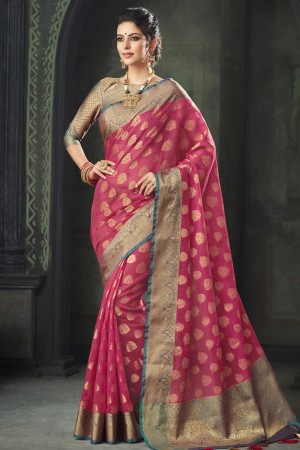 Classic Pink Silk Jaquard Work Designer Saree