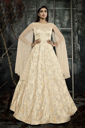 Classic Beige Jacquard Embroidered Party Wear Gown