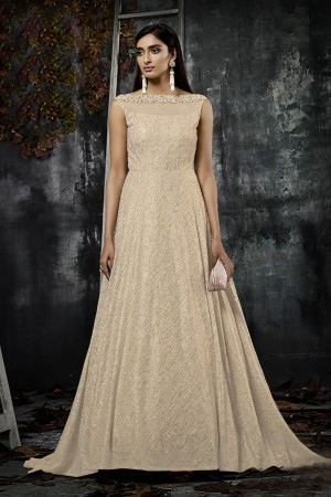 Desirable Golden Jacquard Embroidered Work Long length Gown