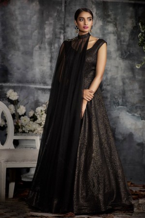 Beautiful Black Jacquard Embroidered Work Long length Gown