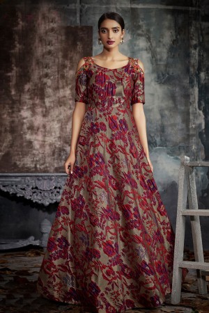 Excellent Red and Grey Jacquard Embroidered Work Gown