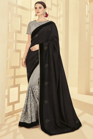 Desirable Black and Grey Silk Embroidered Designer Saree