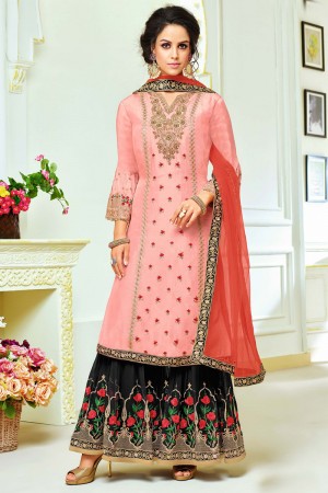 Beautiful Pink Silk Designer Embroidered Work Plazo Slawar Suit with Net Dupatta
